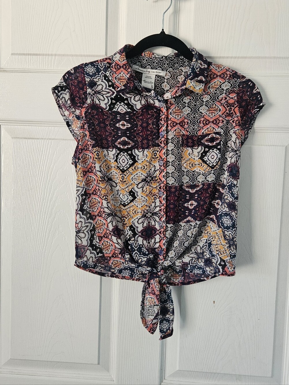 American Rag Top Patchwork Print Tie Front Cowgirl Boho Chic Floral Womens Jrs S
